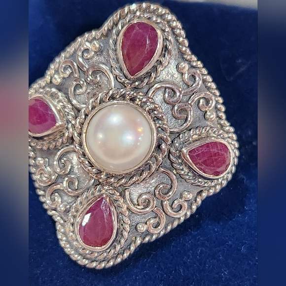 Bangkok Ratnaraj Sterling Silver Ring with Genuine Ruby & Button Pearl - Picture 2 of 7